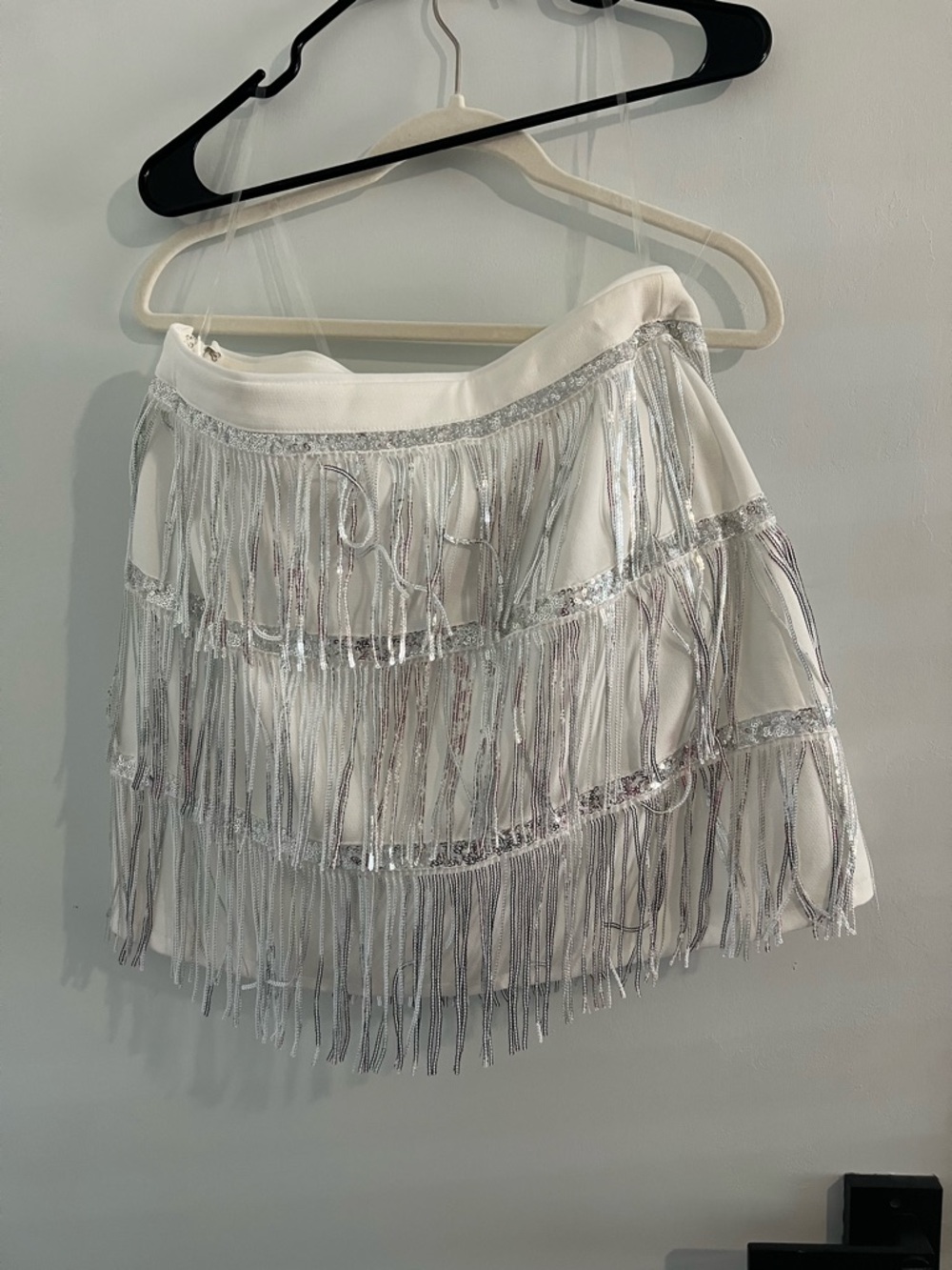 White Fringe Mini Skirt with Silver Accents